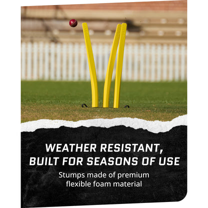 Close up action shot of Cricket 3 Stumps Flexi-set with cricket ball passing through at a field with overlay text highlighting built for seasons of use