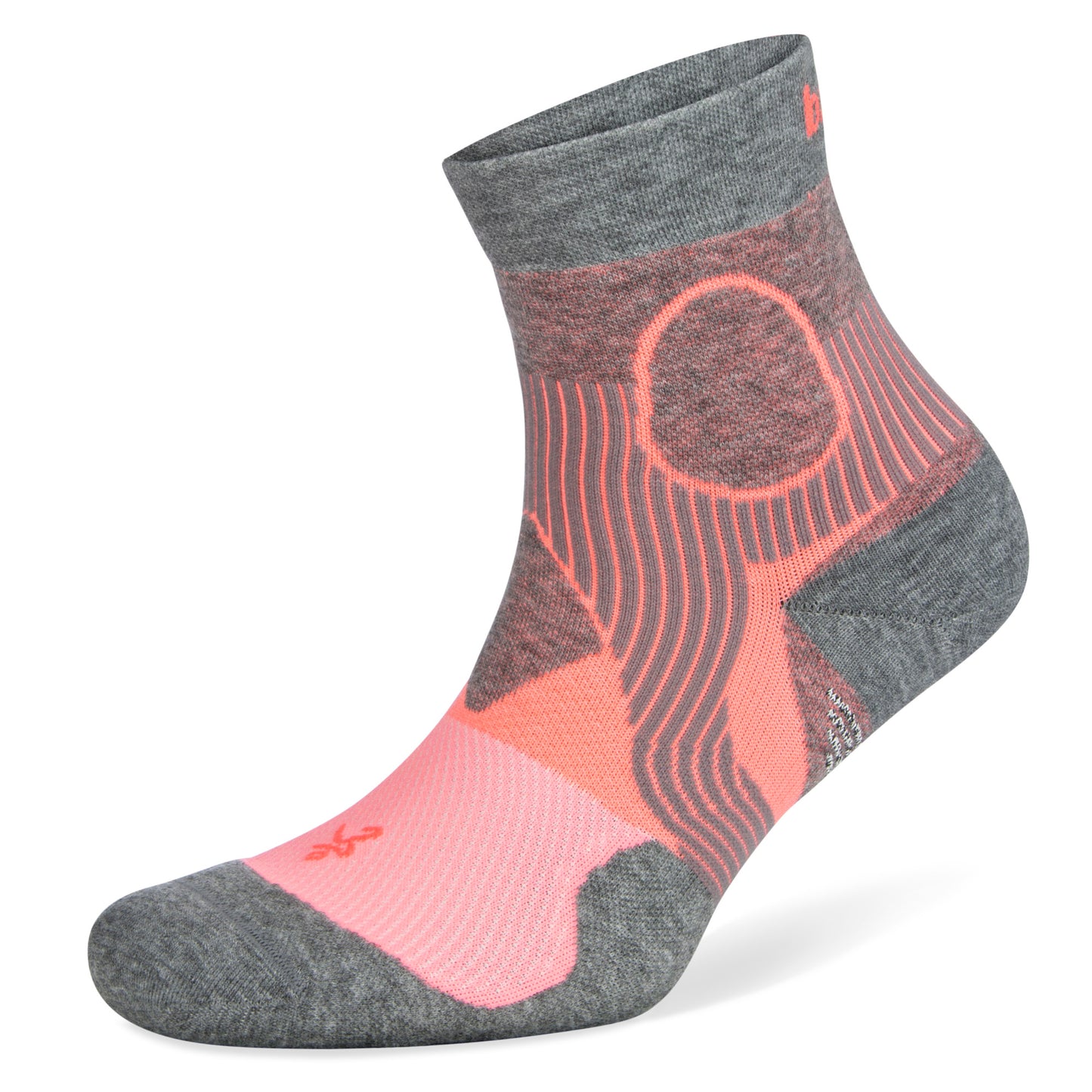 The sock features a pink and gray abstract design in a retail environment