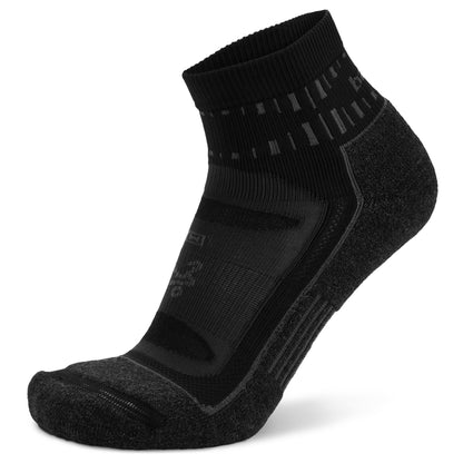 A black athletic sock offers compression and cushioning for outdoor activity gear