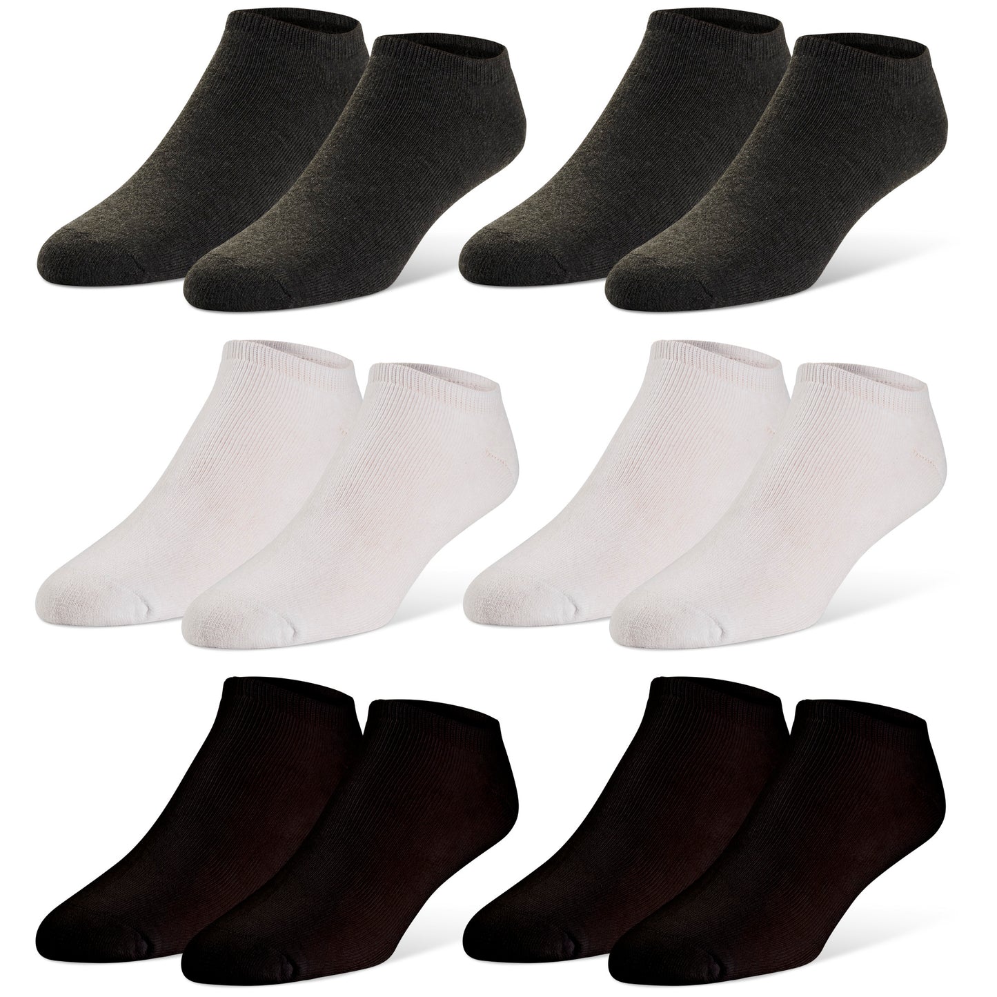 Pairs of socks are arranged in rows on a white background.