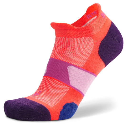 A colorful running sock is displayed on a plain white background.
