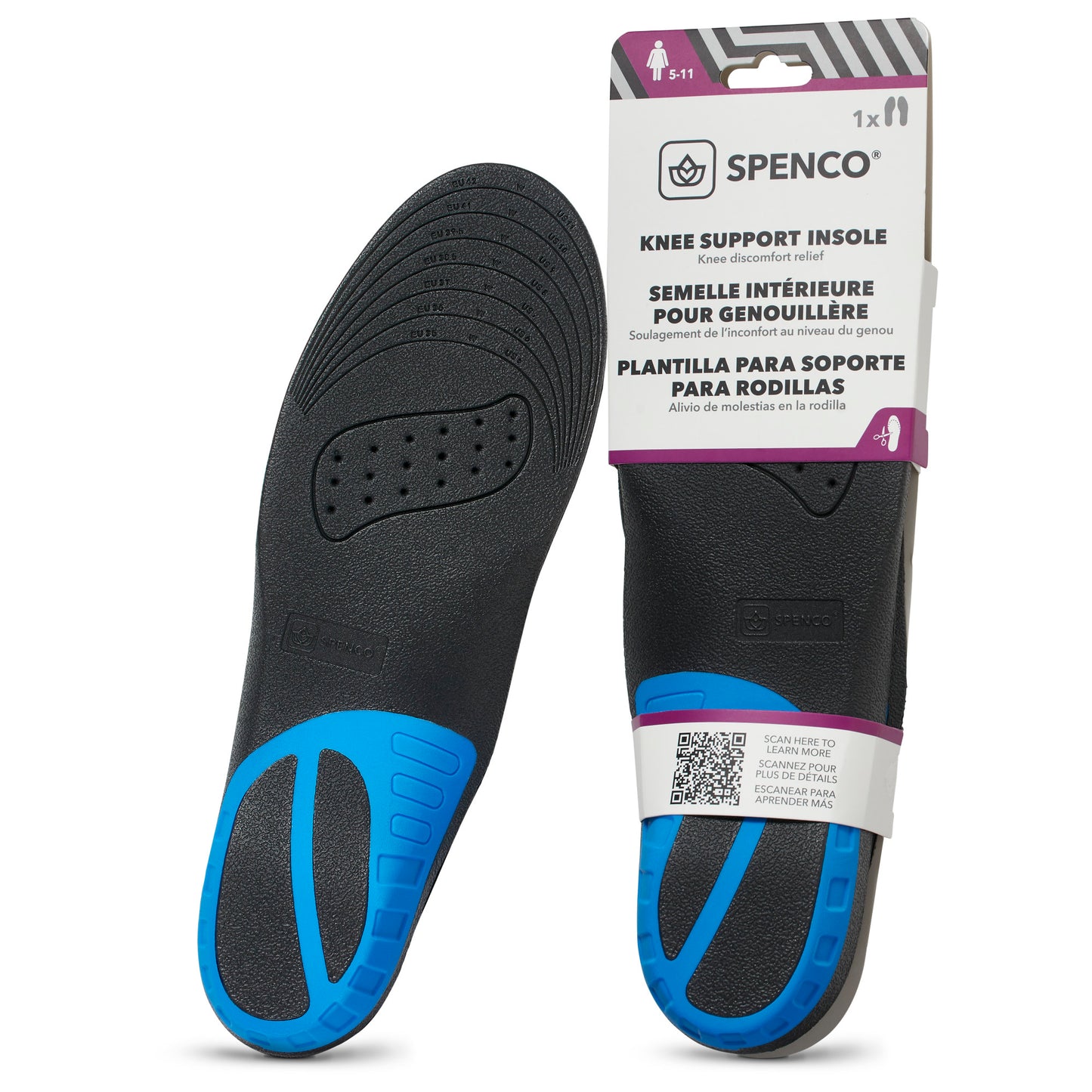 Insole supports legs; blue accents, black base; labeled packaging shows multilingual instructions.