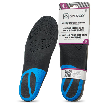 Insole supports legs; blue accents, black base; labeled packaging shows multilingual instructions.