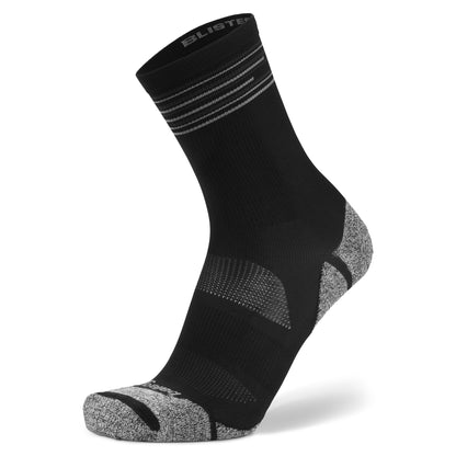 A black athletic sock with gray accents is displayed on a white background.
