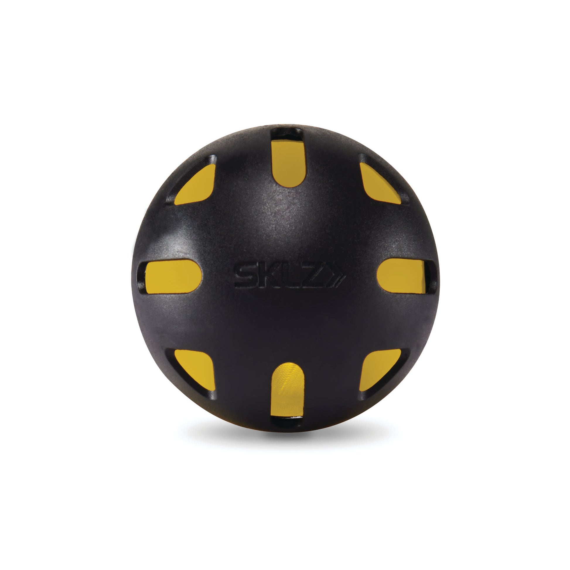 A black and yellow skateboard wheel rotates on a white background