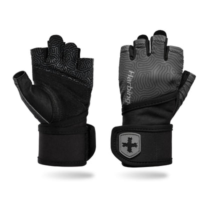 Pair of black cycling gloves with textured palms resting against a white background.
