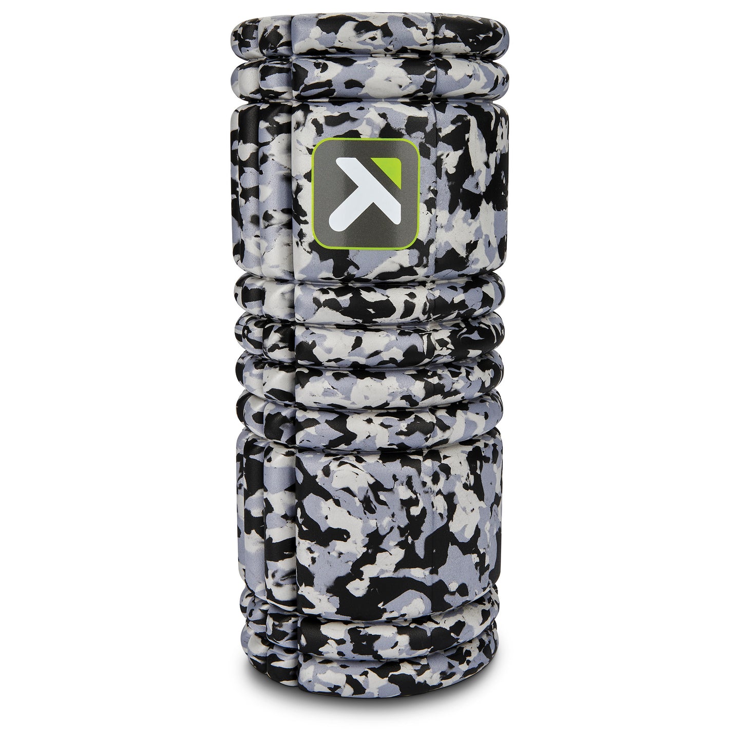 A patterned water bottle with a logo standing upright on a white background.