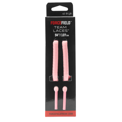 Two pink shoelaces are displayed on the package for athletic shoes in a retail environment.
