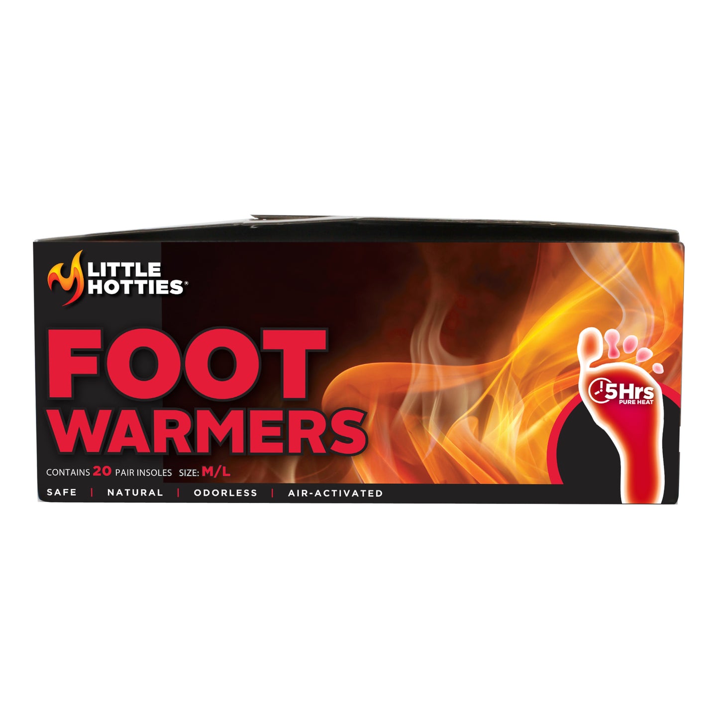 The package contains Little Hotties foot warmers releasing heat for up to five hours in a box.