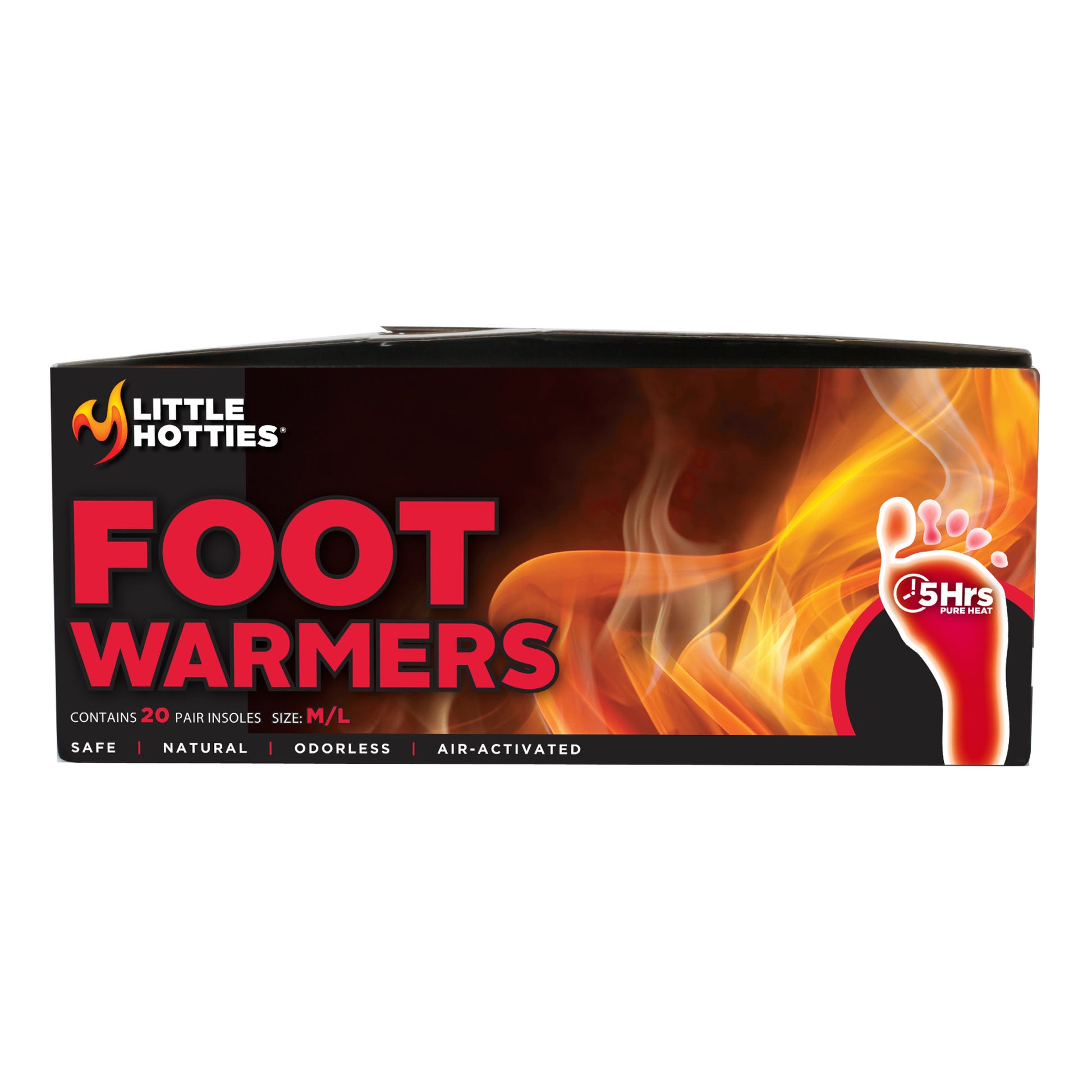 The package contains Little Hotties foot warmers releasing heat for up to five hours in a box.