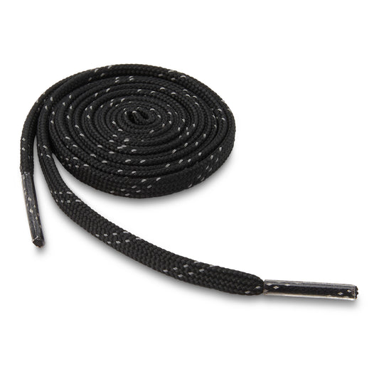 The shoelace is coiled on a white surface with metal aglets at both ends.