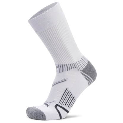 A white athletic sock with gray heel and toe, featuring black stripes and barcode patterns for sportswear