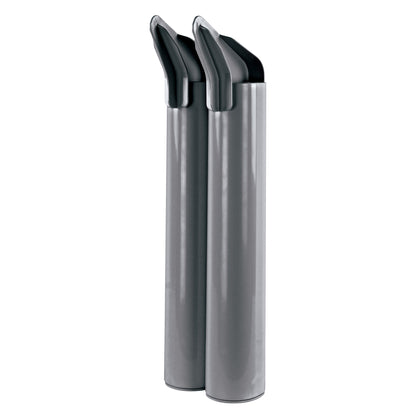 Two spray paint cans stand upright in a silver holder on a white background