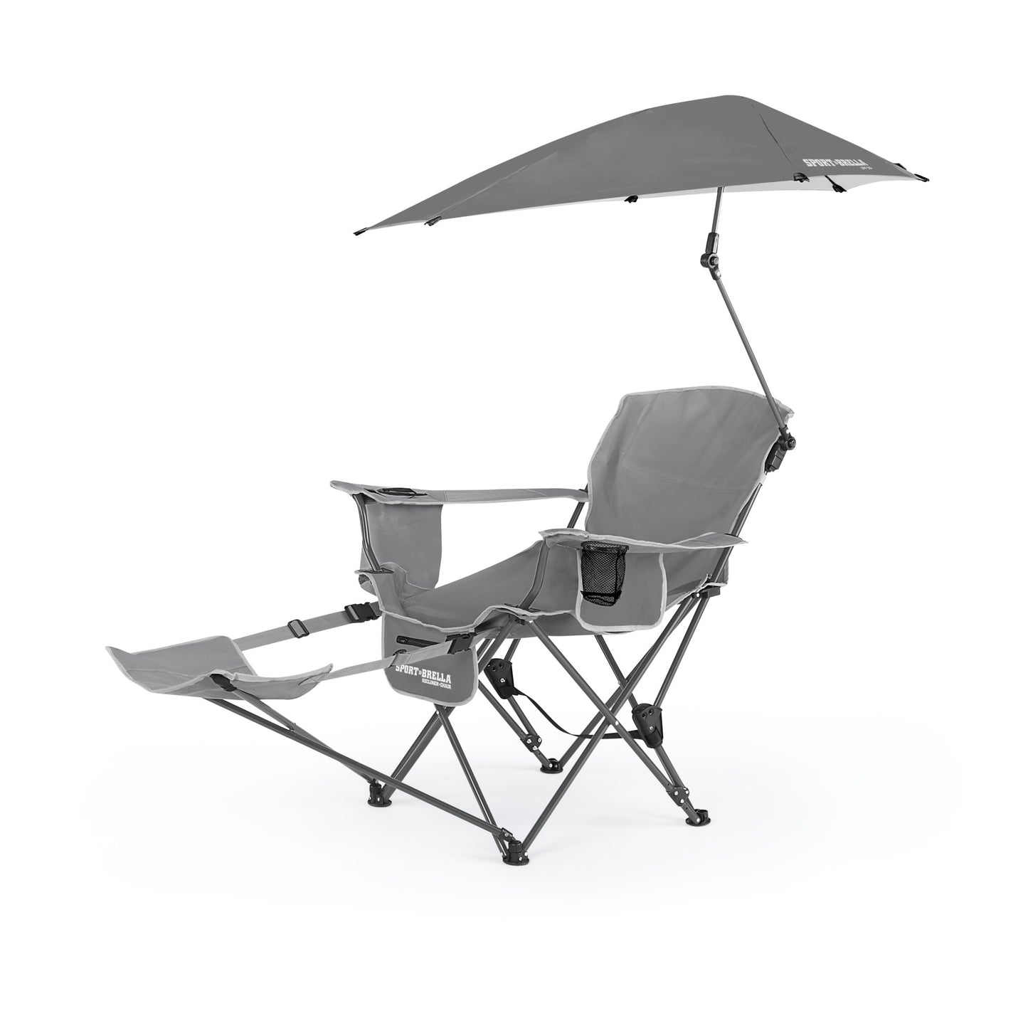 Folding chair with umbrella attachments set up outdoors for relaxing in sunny weather