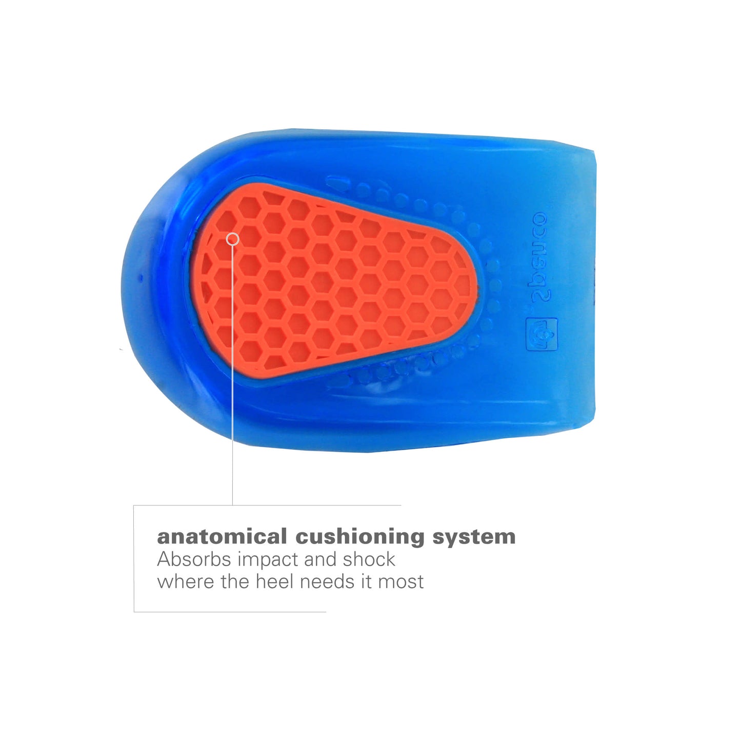 The shoe features an anatomical cushioning system that absorbs impact and shock behind the heel.