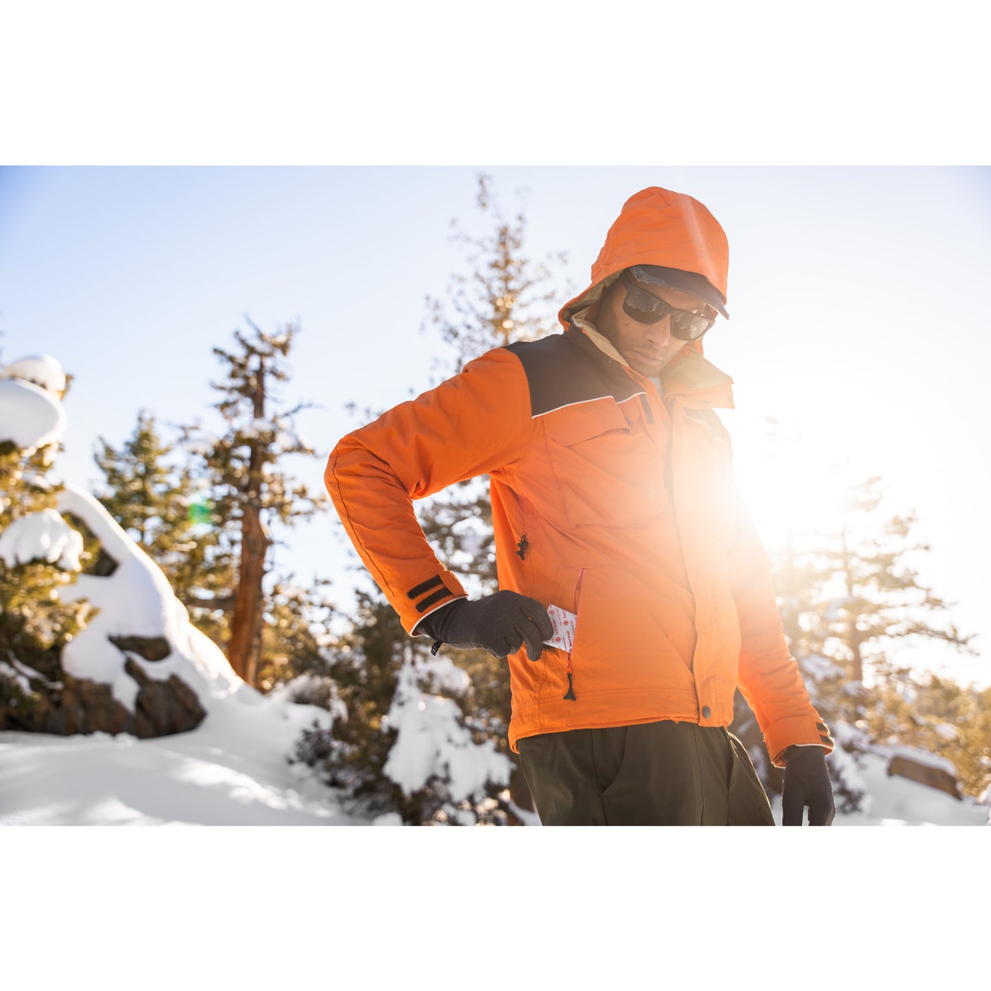 Hiker checks a map outdoors in a snowy forest during daytime