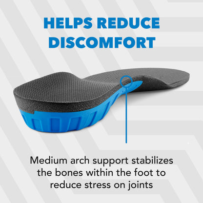 Insole provides arch support, reducing discomfort, with a blue underside in a patterned background.