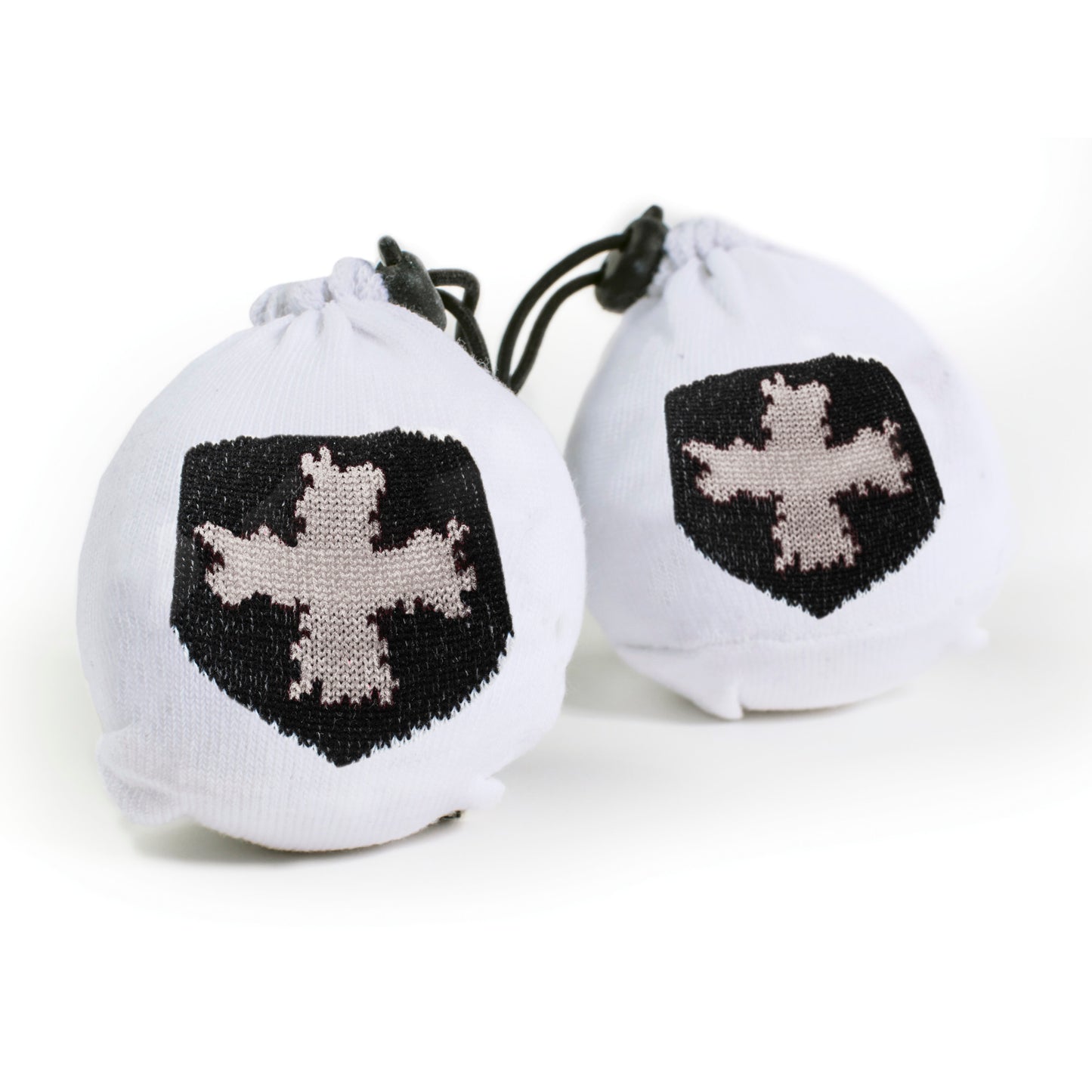 Two white drawstring pouches with black shield and white cross symbols inside, isolated on white.