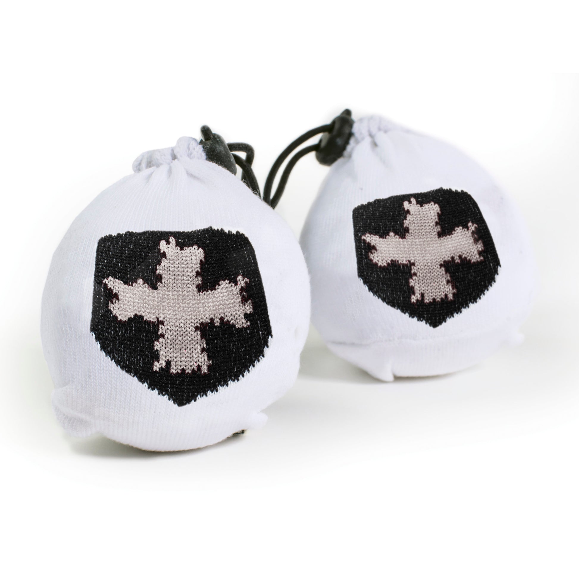 Two white drawstring pouches with black shield and white cross symbols inside, isolated on white.