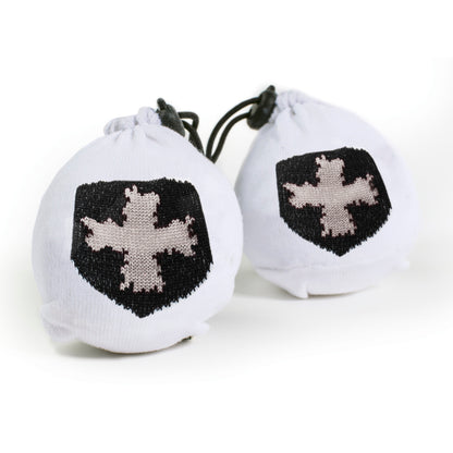 Two white drawstring pouches with black shield and white cross symbols inside, isolated on white.