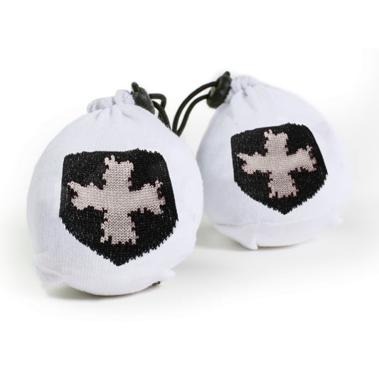 Two white drawstring pouches with black shield and white cross symbols inside, isolated on white.