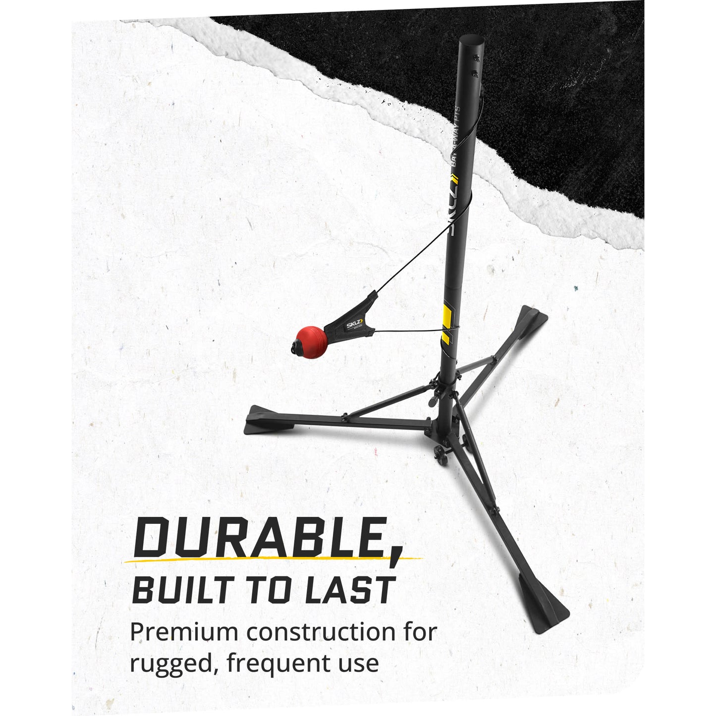 Overhead view of SKLZ Cricket Bat-a-Way PTS swing trainer on a white background with overlay text highlighting durability