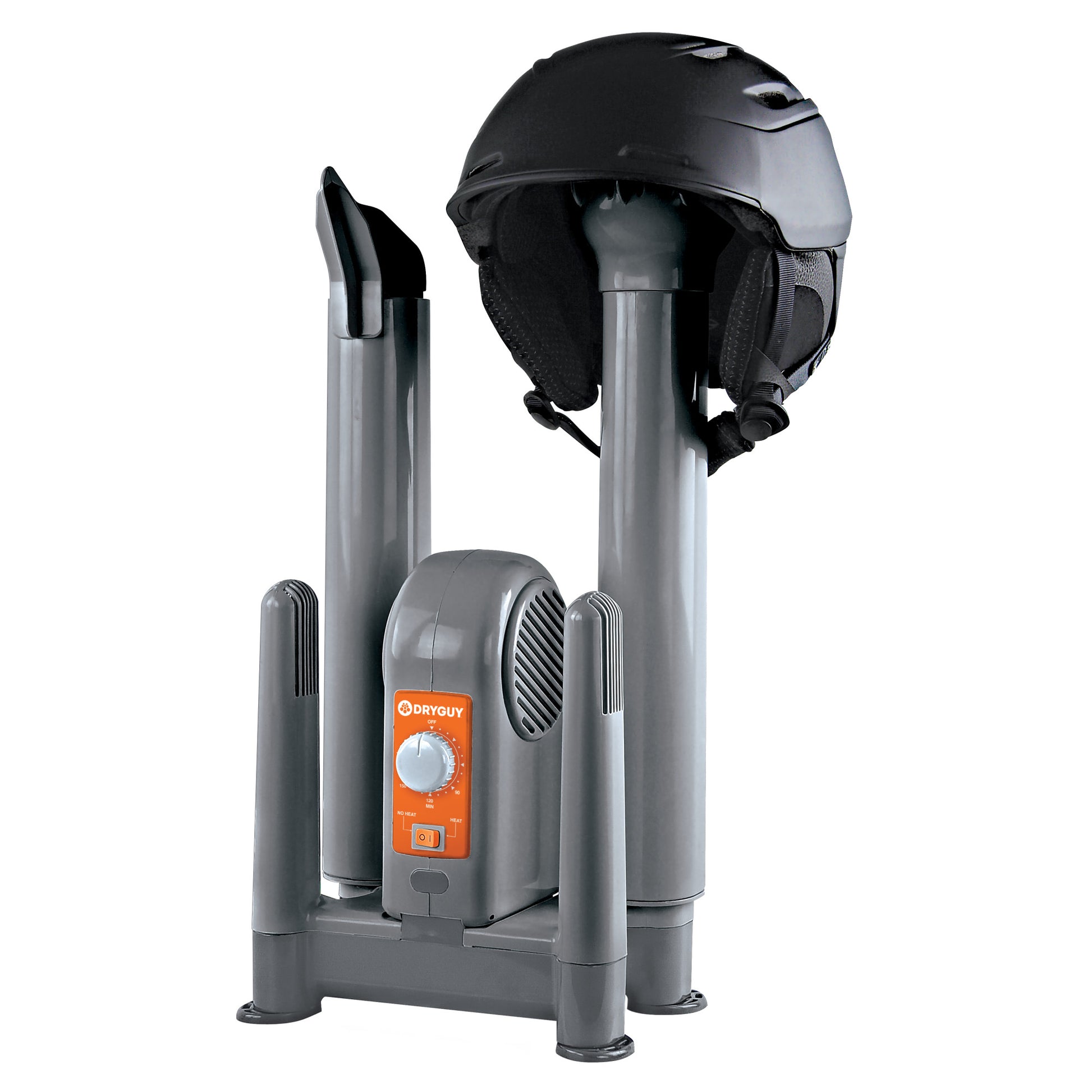 A helmet is displayed on a helmet drying device in a domestic or workshop setting.