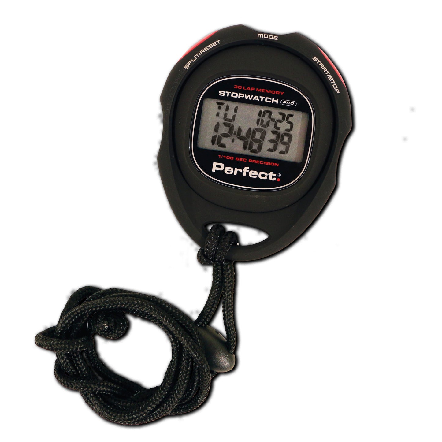 A stopwatch displays the time and details in a digital screen, with a black strap attached.