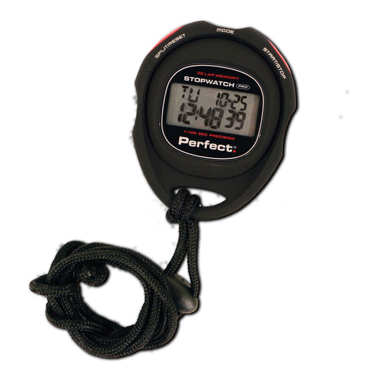 A stopwatch displays the time and details in a digital screen, with a black strap attached.