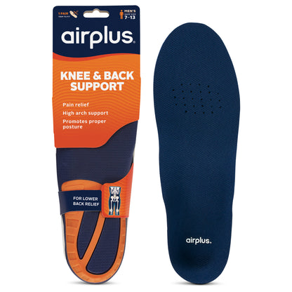 A cushioned insole is designed for knee and back support inside a shoe.