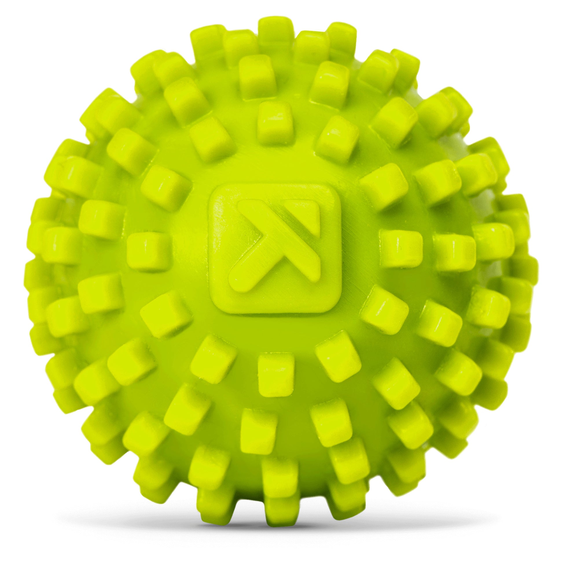 A spiky massage ball rolls in a white environment.