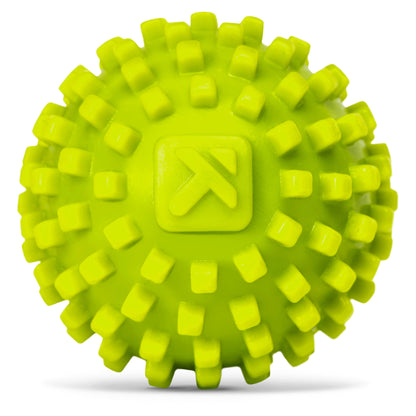 A spiky massage ball rolls in a white environment.