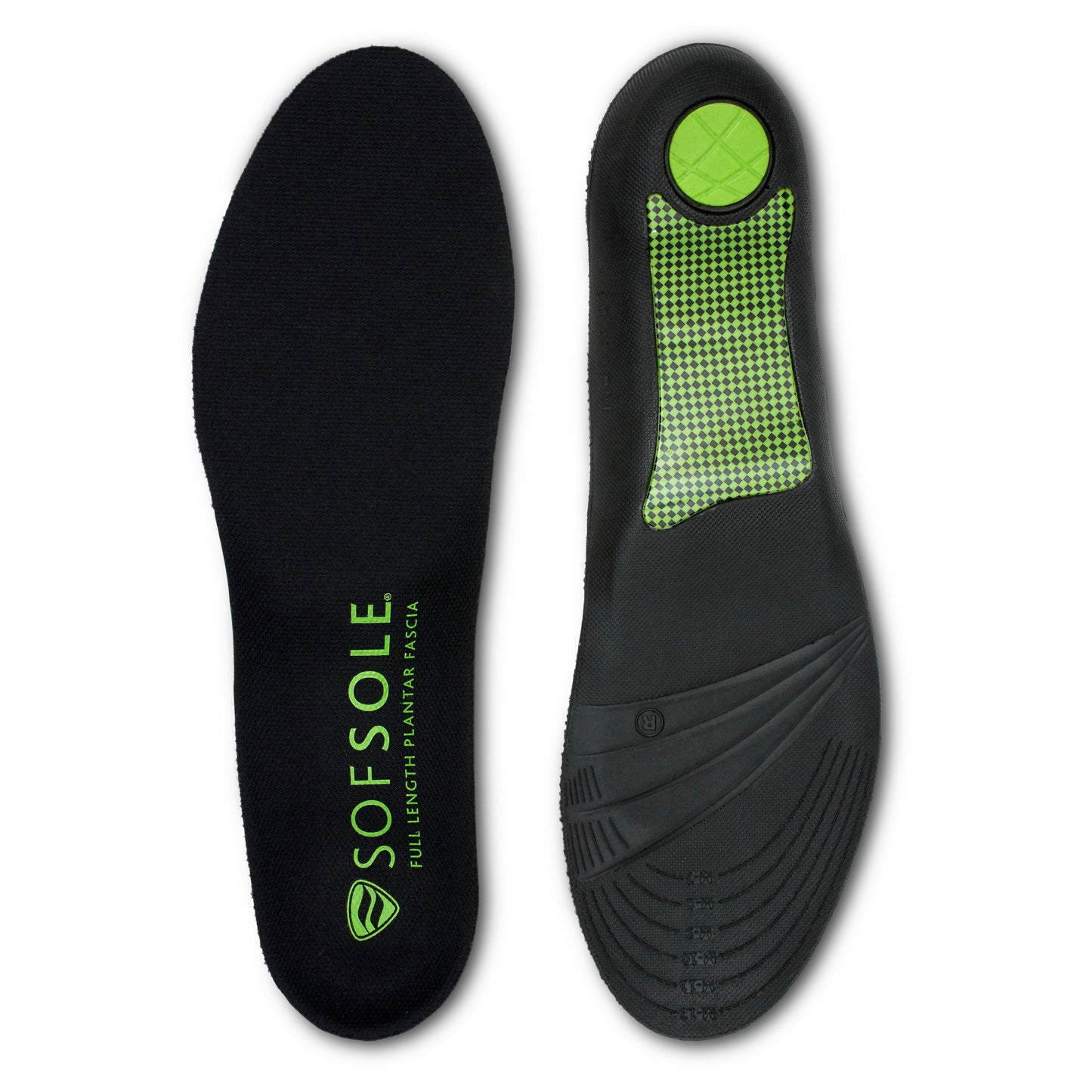 Sof Sole insoles provide comfort for shoes in a black and green design on a white background.