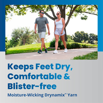 People walk on path in park; text below highlights moisture-wicking benefits of socks.