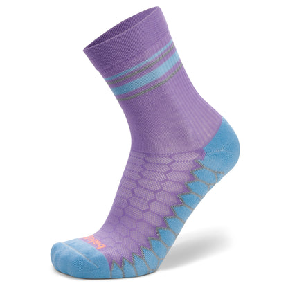 A purple and blue athletic sock displays on a white background.