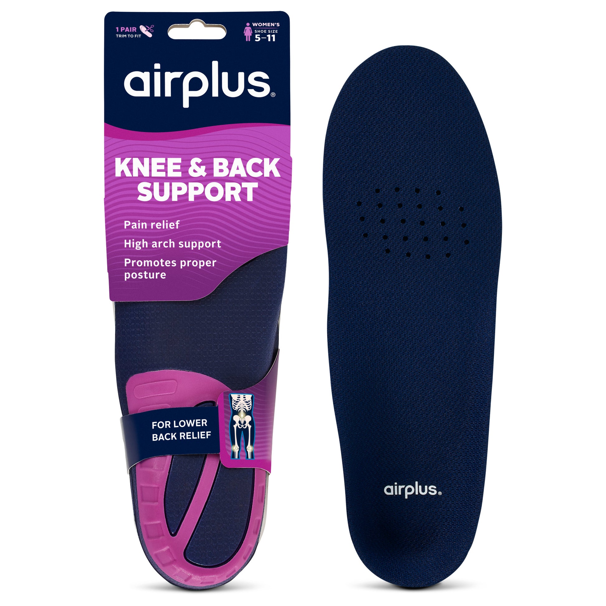 A dark blue and pink insoles support knees and back inside packaging for lower back relief.