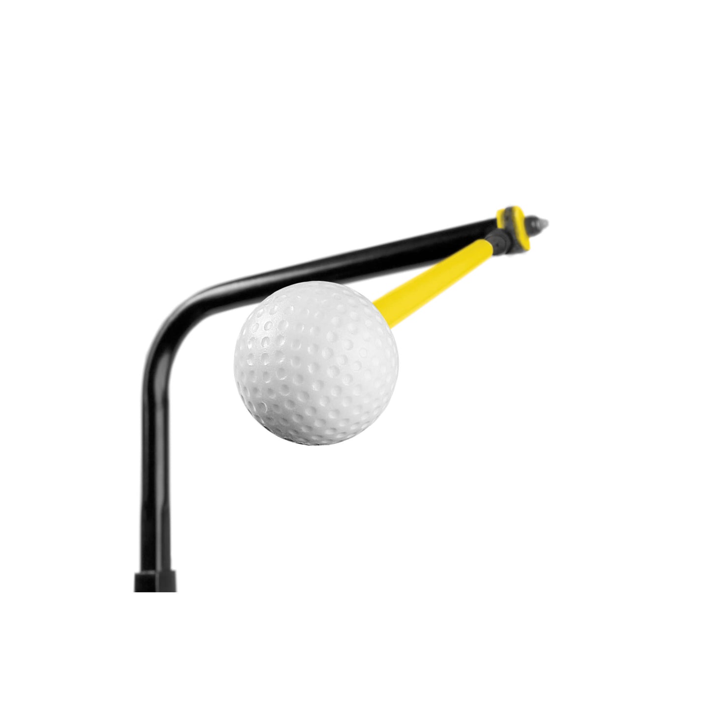 Golf ball is mounted on a tee on a black and yellow stand in a studio setting