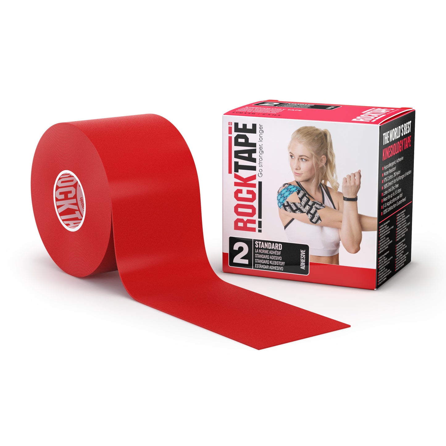 The tape unrolls from a box featuring a girl with arm muscles and Rock Tape branding.