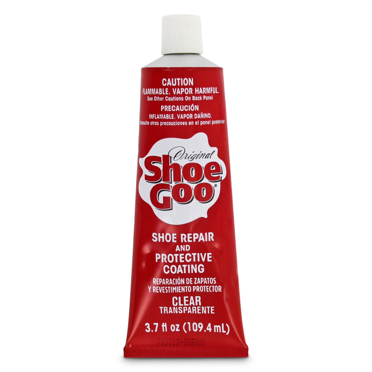 Tube of Shoe Goo repairing and protecting footwear on plain background