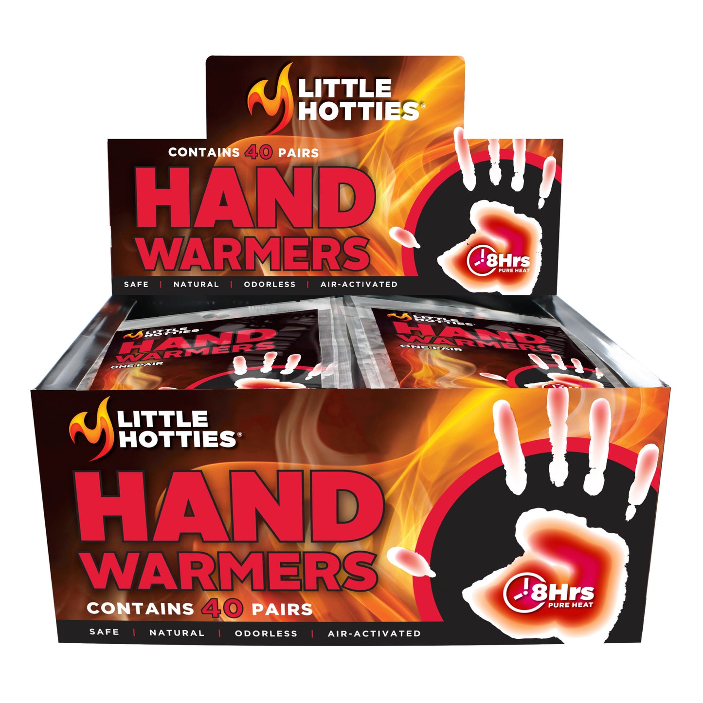 The packaging shows hand warmers emitting heat in a display box for retail sale.