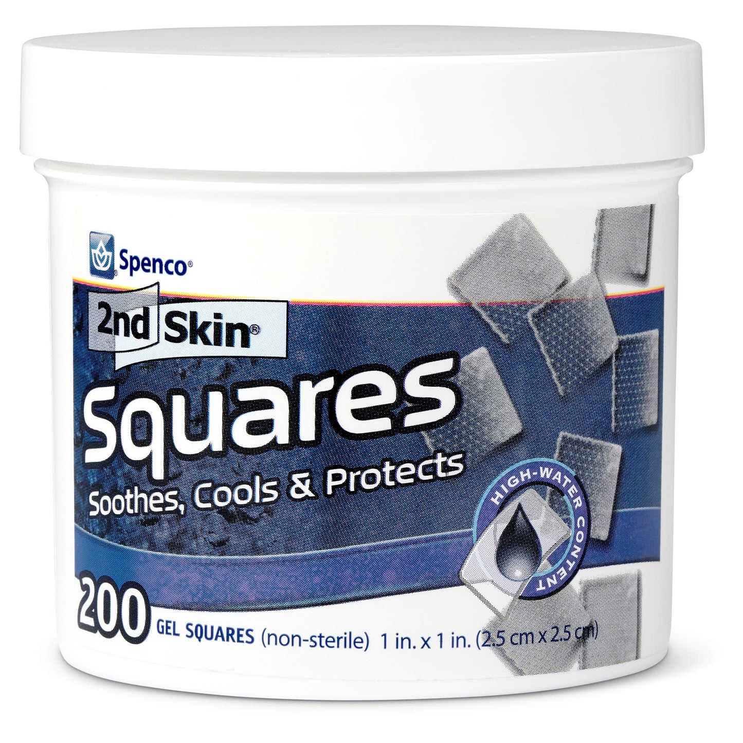 Gel squares soothe and protect skin in a container labeled for high-water content use.