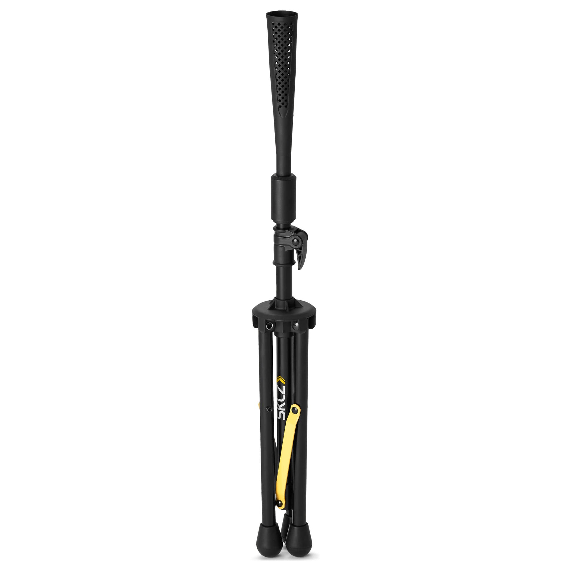A black and yellow bicycle pump extends upward in a vertical position on a plain background.