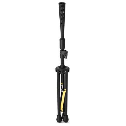 A black and yellow bicycle pump extends upward in a vertical position on a plain background.