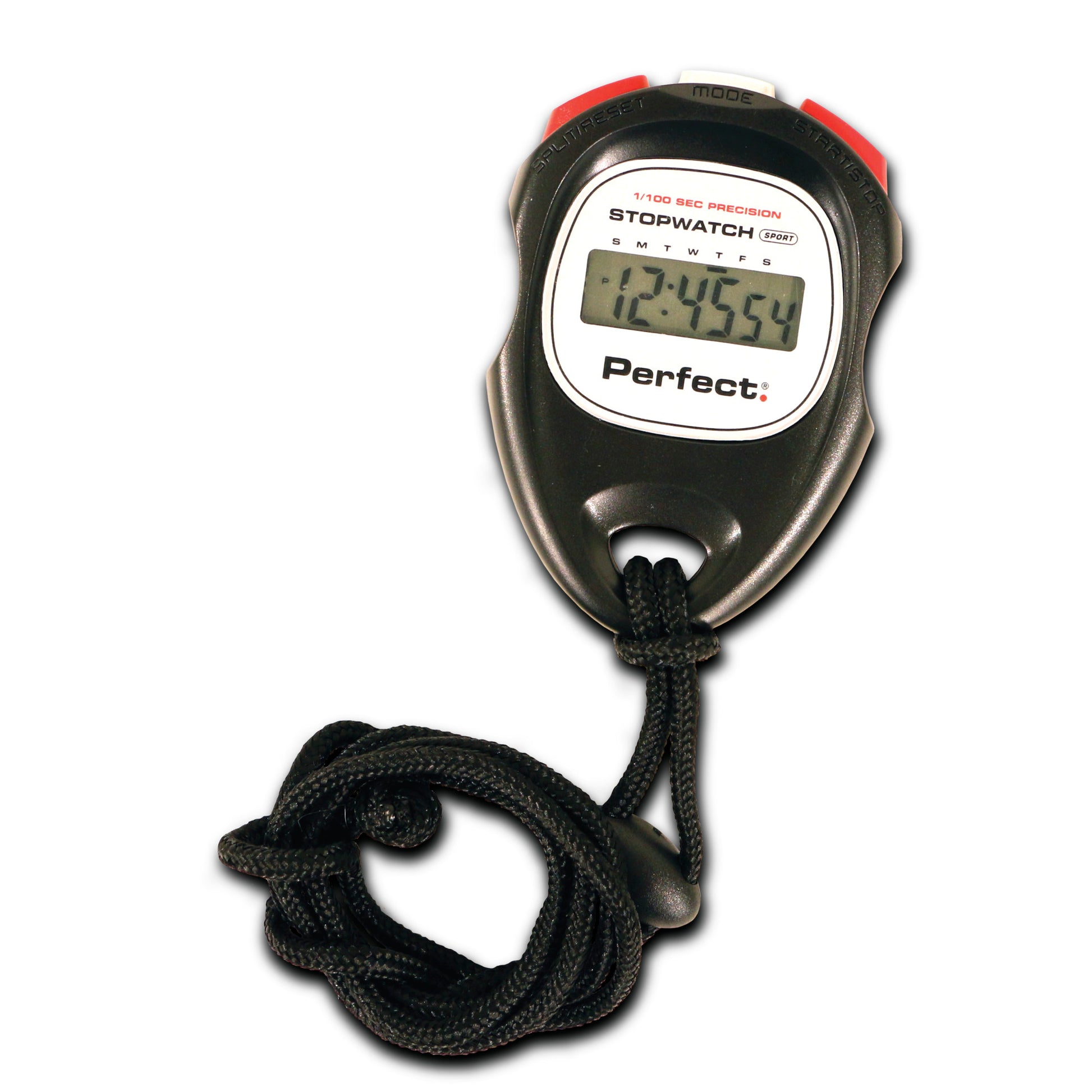 A stopwatch displays the time on a white background, hanging from a black strap.