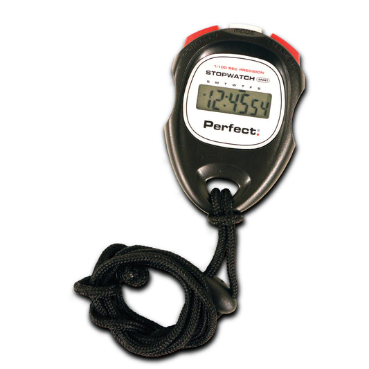 A stopwatch displays the time on a white background, hanging from a black strap.