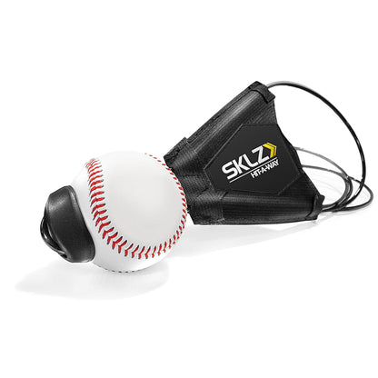 A baseball attached to a black face mask with the SKLZ logo used for training indoors