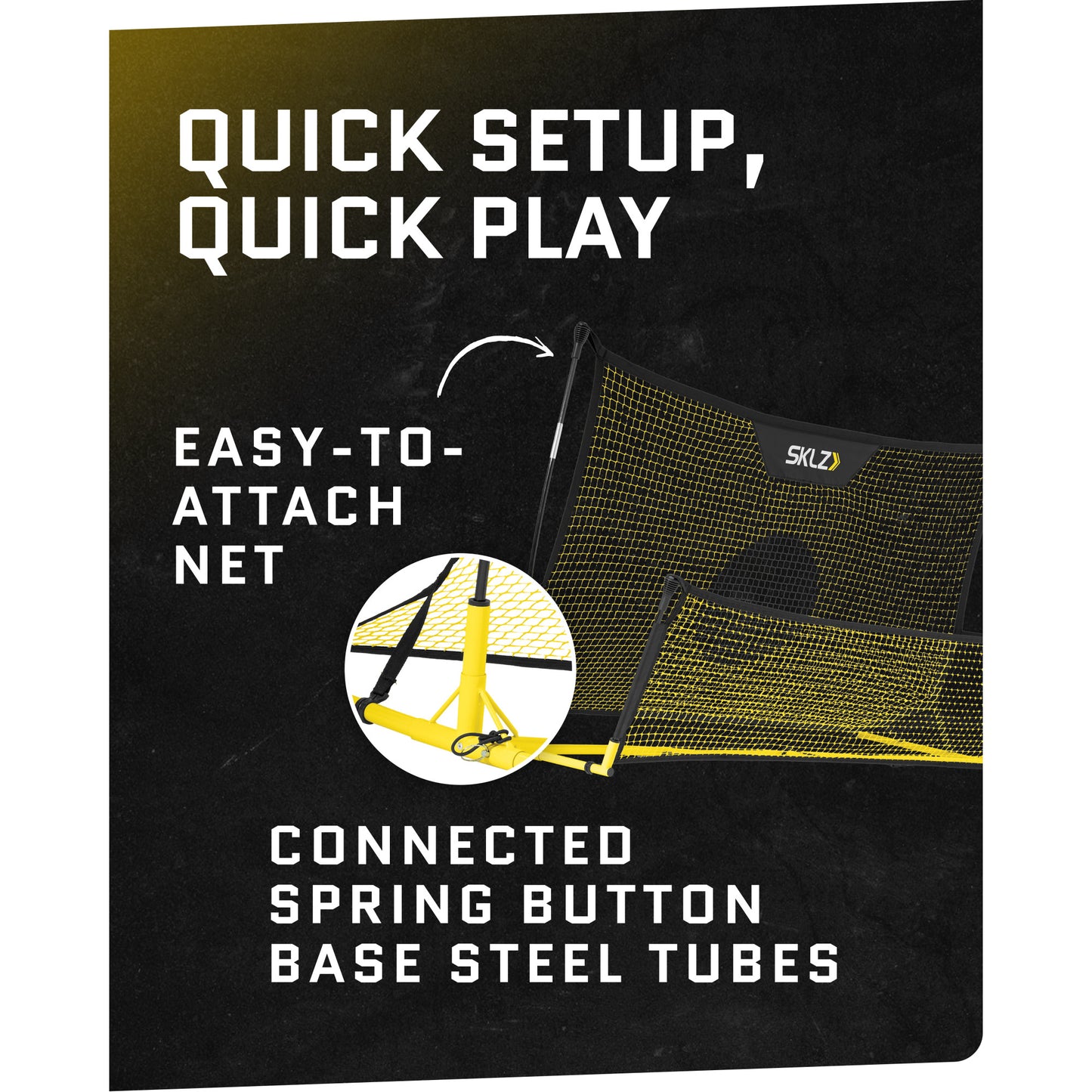 A net with connected steel tubes is set up for quick play on a black background