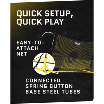 A net with connected steel tubes is set up for quick play on a black background