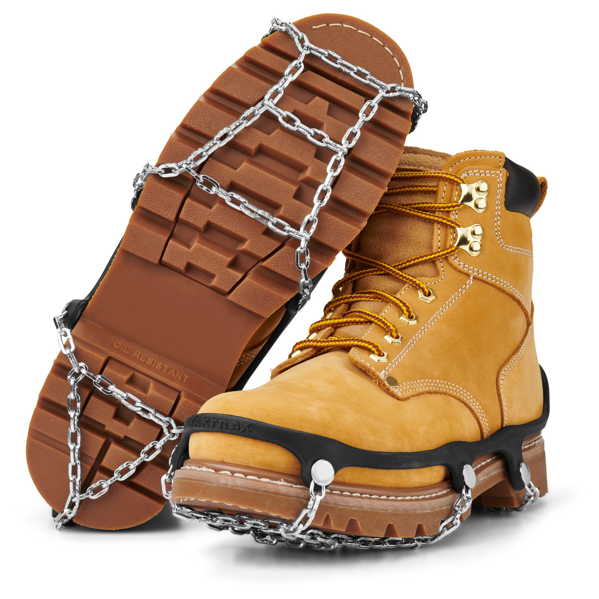 Steel chains wrap around yellow work boots in a construction site setting
