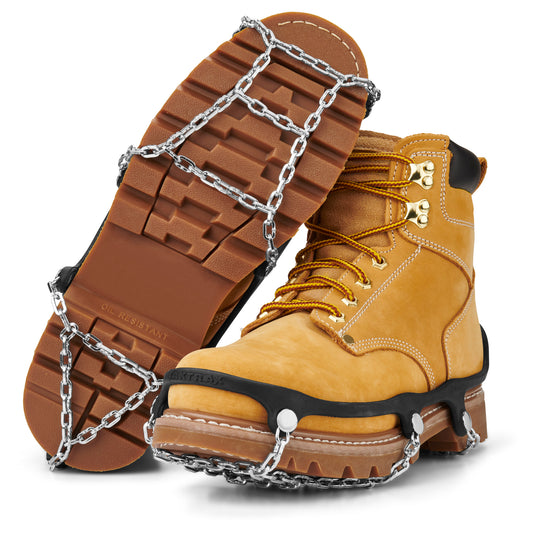 Steel chains wrap around yellow work boots in a construction site setting
